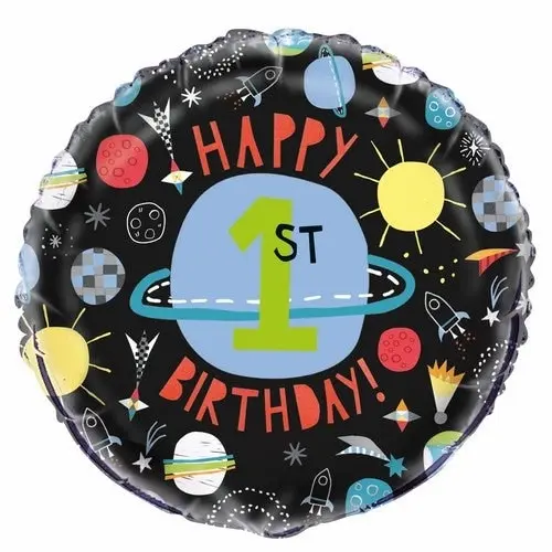 Outer Space Happy 1st Birthday 45cm Foil Balloon Packaged