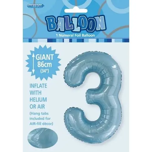 Powder Blue 3 Numeral Foil Balloon 86cm