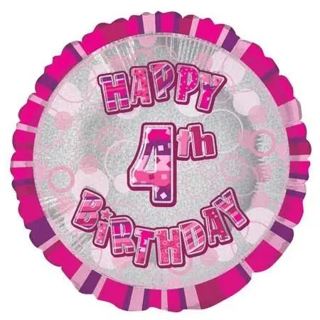 Glitz Pink 4th Birthday Round 45cm Foil Balloon Packaged