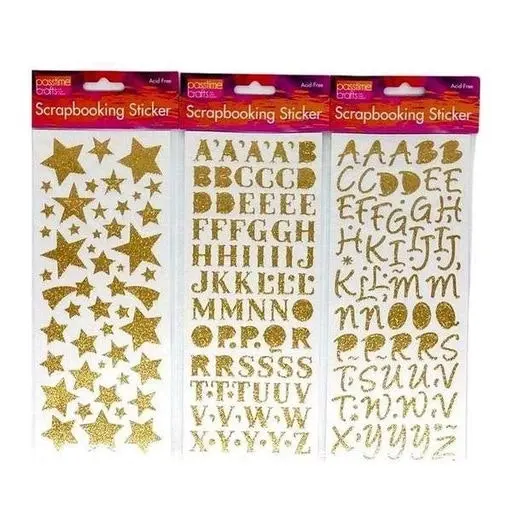 Glitter Alphabet & Star Scrapbooking Stickers - Gold