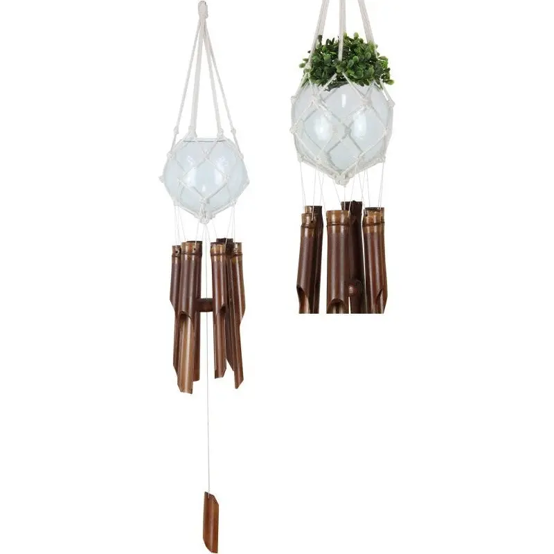 Wind Chime - Bamboo & Macramé Holder - Glass Planter Bowl