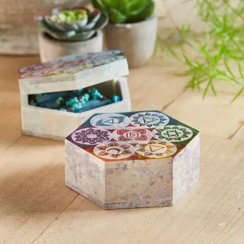 Soapstone 7 Chakras Hex Box