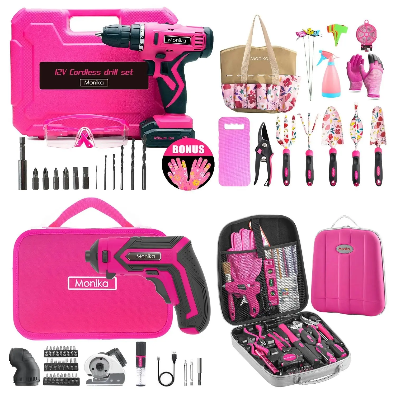 Monika Pink Power Tool Combo Set Cordless Drill Driver Rechargeable Screwdriver ELectric Cutter w/ 159PCS Household Tool Set & 20PCS Gardening Kit