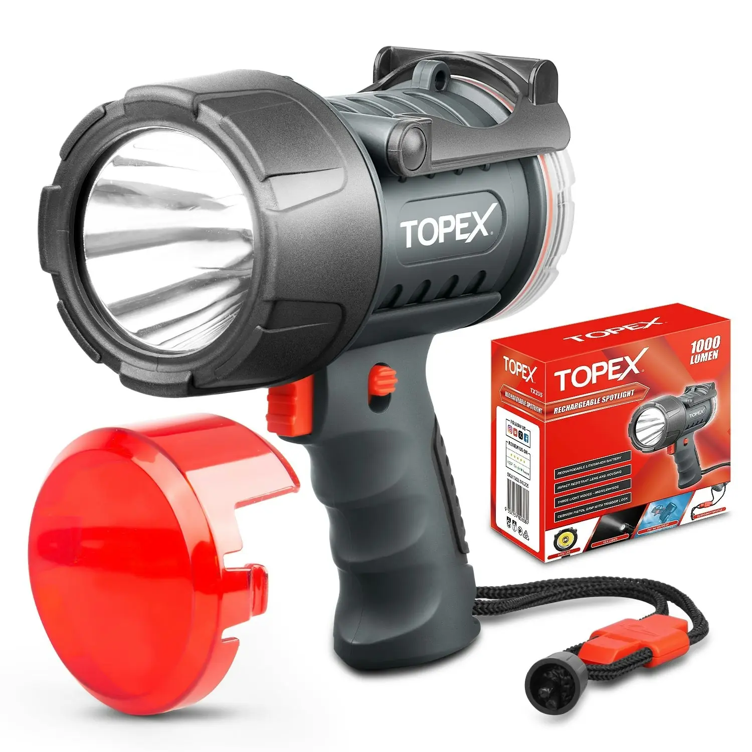 Topex Rechargeable Spotlight with 1000 Lumen Cree LED, IP67 Waterproof Handheld Flashlight Searchlight with Detachable Red Light Filter