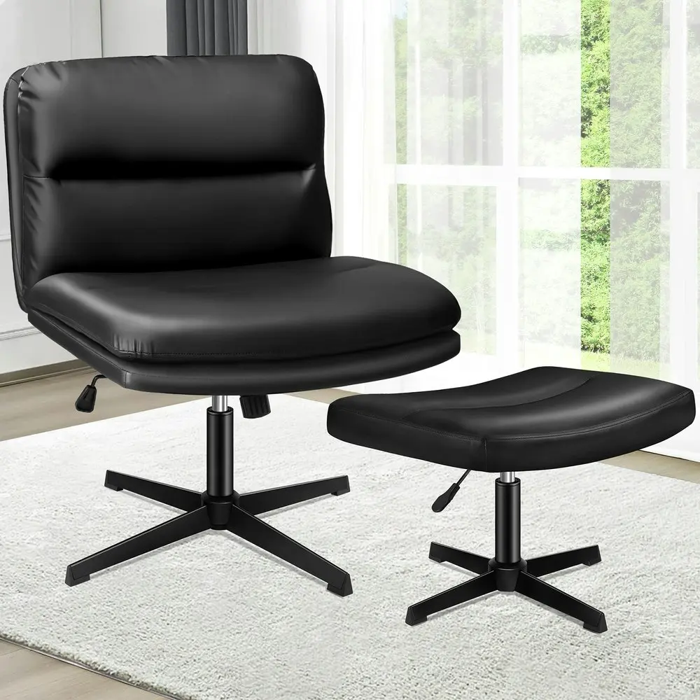 Alfordson Office Chair Computer Cross-legged Seat Work Ottoman PU Leather Black