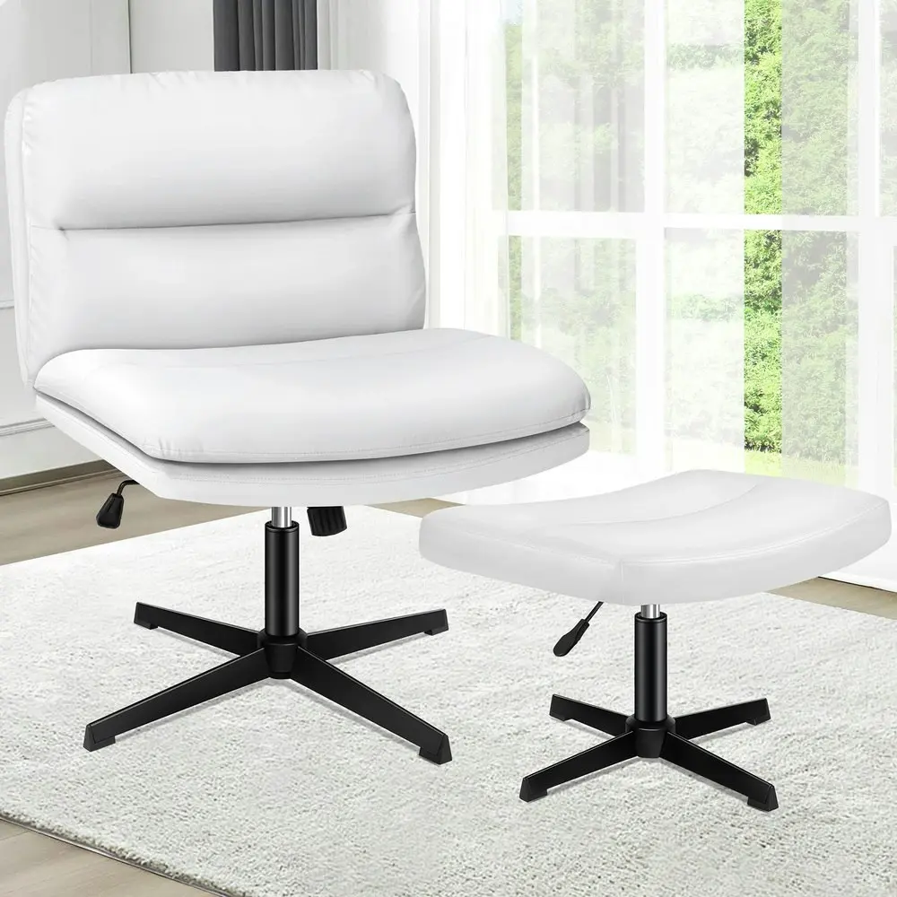 Alfordson Office Chair Computer Cross-legged Seat Work Ottoman PU Leather White