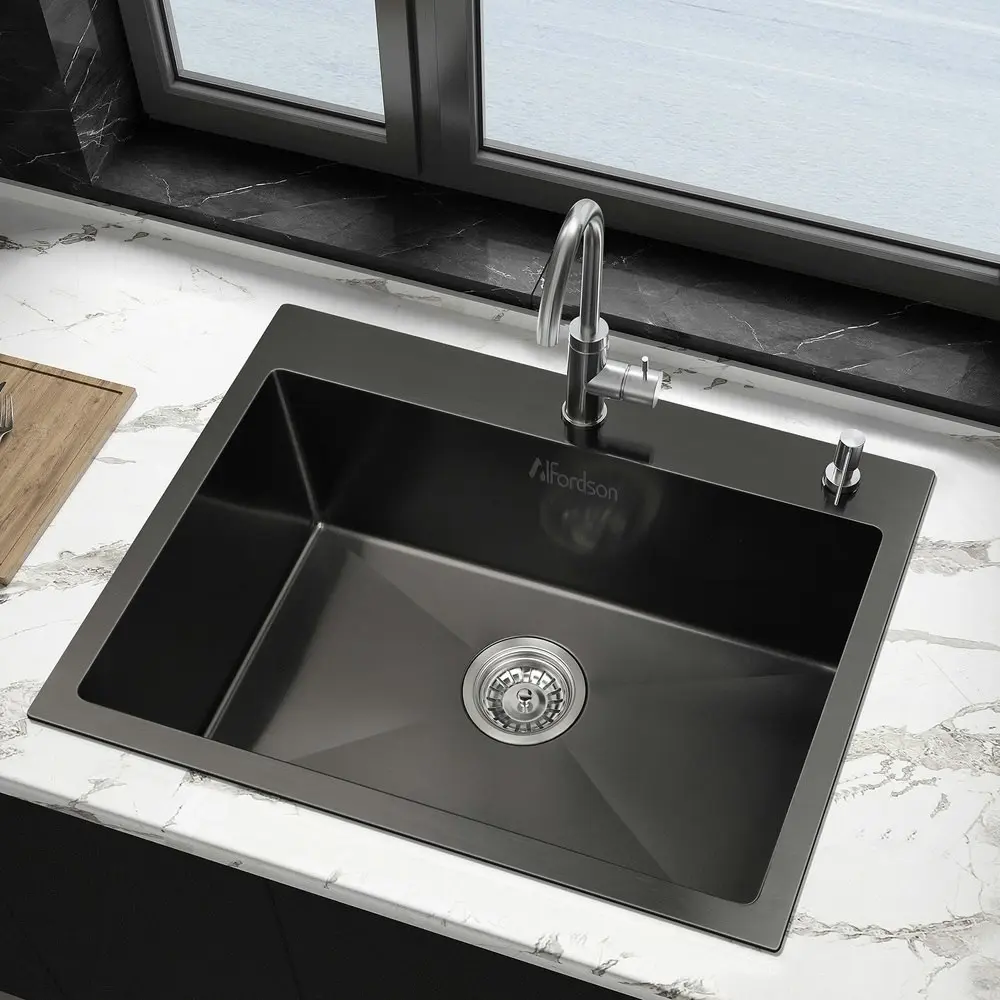 Alfordson Kitchen Sink Stainless Steel Drop in Flush Under Mount 600X450MM Black