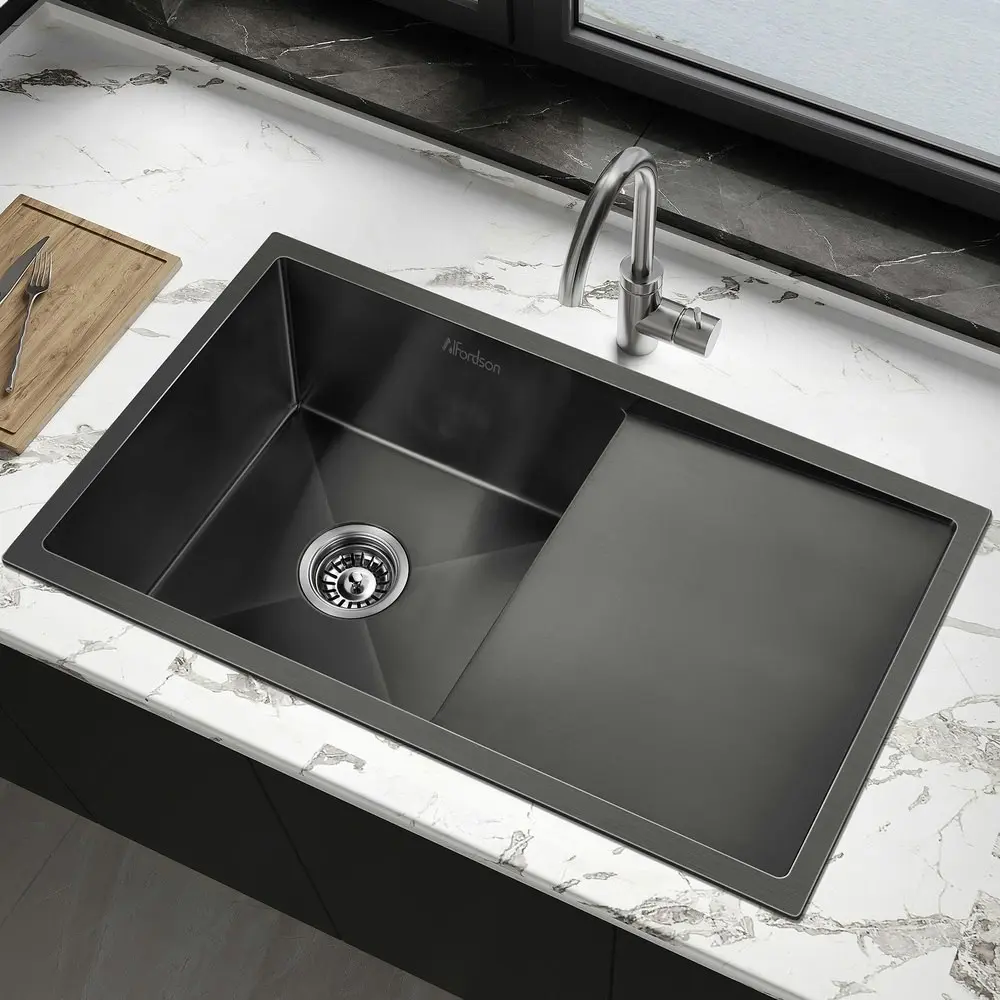 Alfordson Kitchen Sink Stainless Steel Drop in Flush Under Mount 870X450MM Black