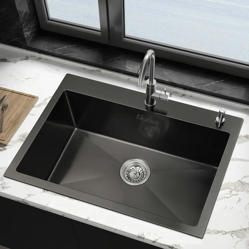 Alfordson Kitchen Sink Stainless Steel Drop in Flush Under Mount 680X450MM Black