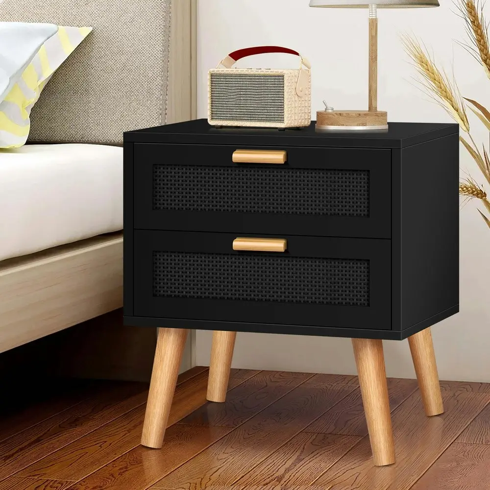 Alfordson Bedside Table Nightstand Side Cabinet Rattan Black