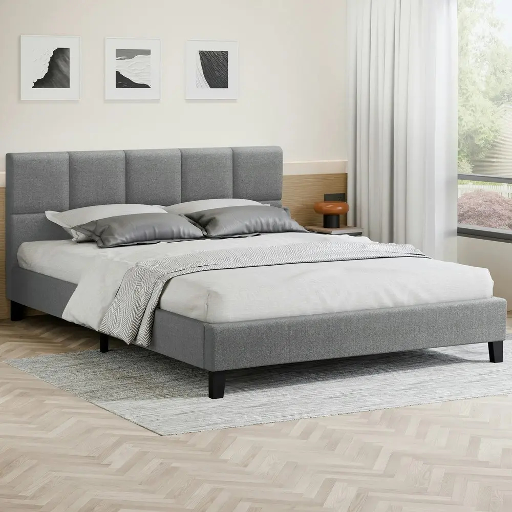 Alfordson Bed Frame King Size Wooden Platform Mattress Base Fabric Grey