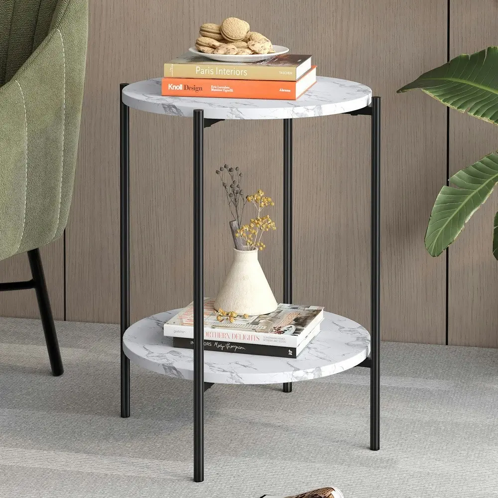 Alfordson Side Table Sofa End Bedside Nightstand Round Marble Shelf Black