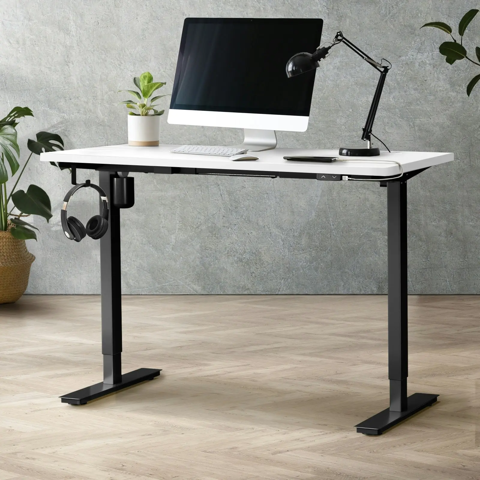 Oikiture 120cm Electric Standing Desk Single Motor Black Frame White Desktop