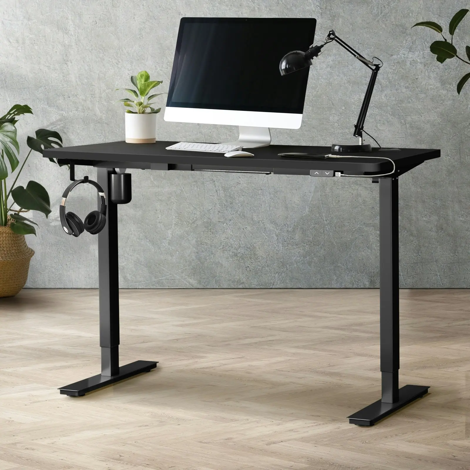 Oikiture 120cm Electric Standing Desk Single Motor Black Frame Black Desktop