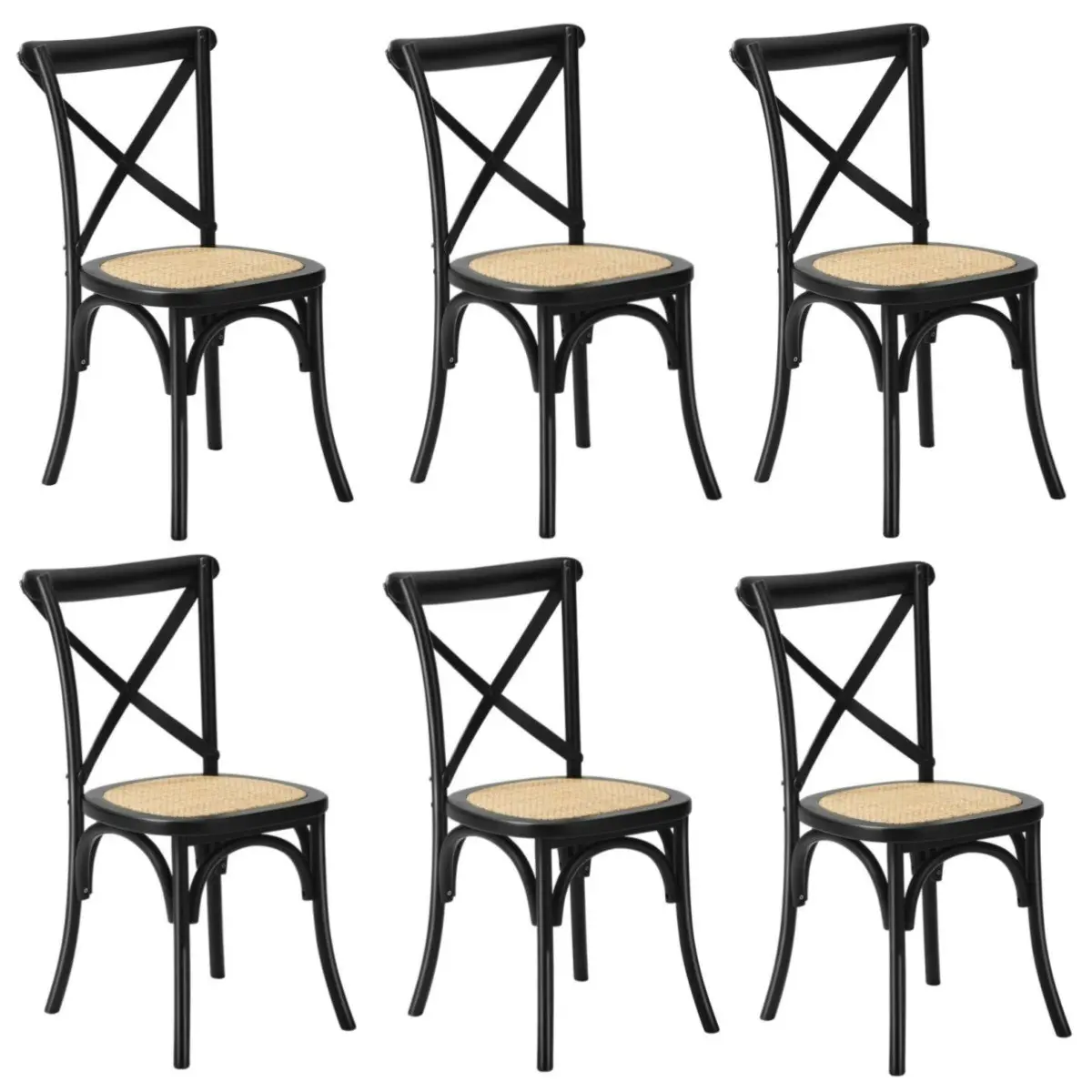 Oikiture 6x Crossback Dining Chair Solid Birch Timber Wood Ratan Seat Black