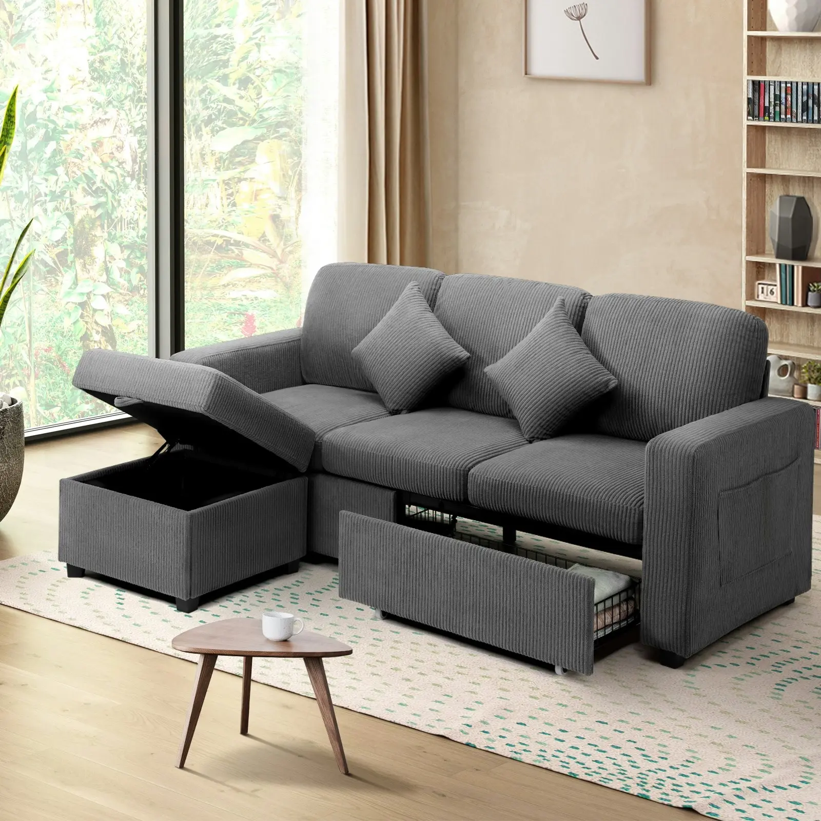 Oikiture Sofa Couch Chaise Lounge Drawers Ottoman Velvet Grey