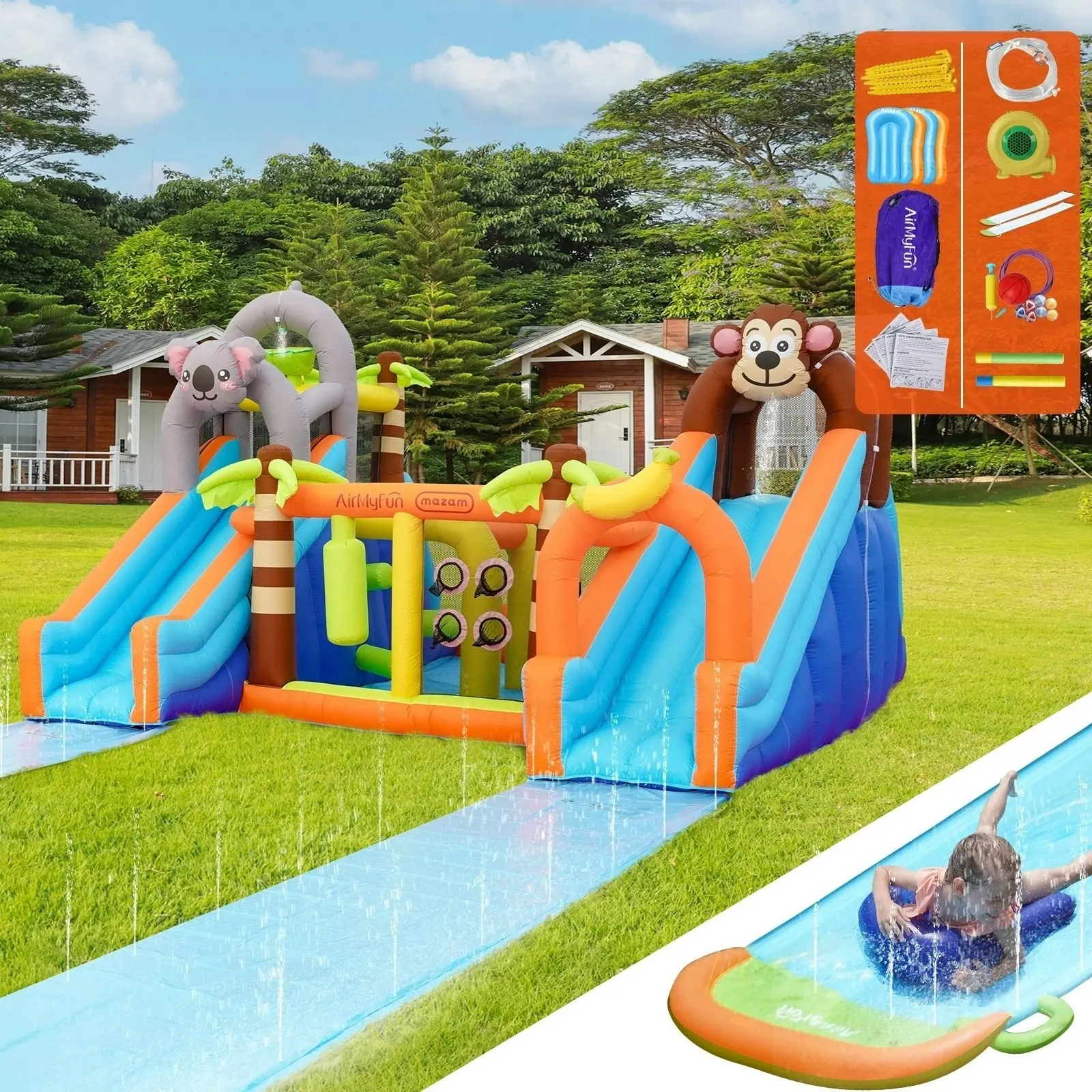 AirMyFun 12 Play Zones Inflatable Dual Water Slide Animal Theme Jumping Castle