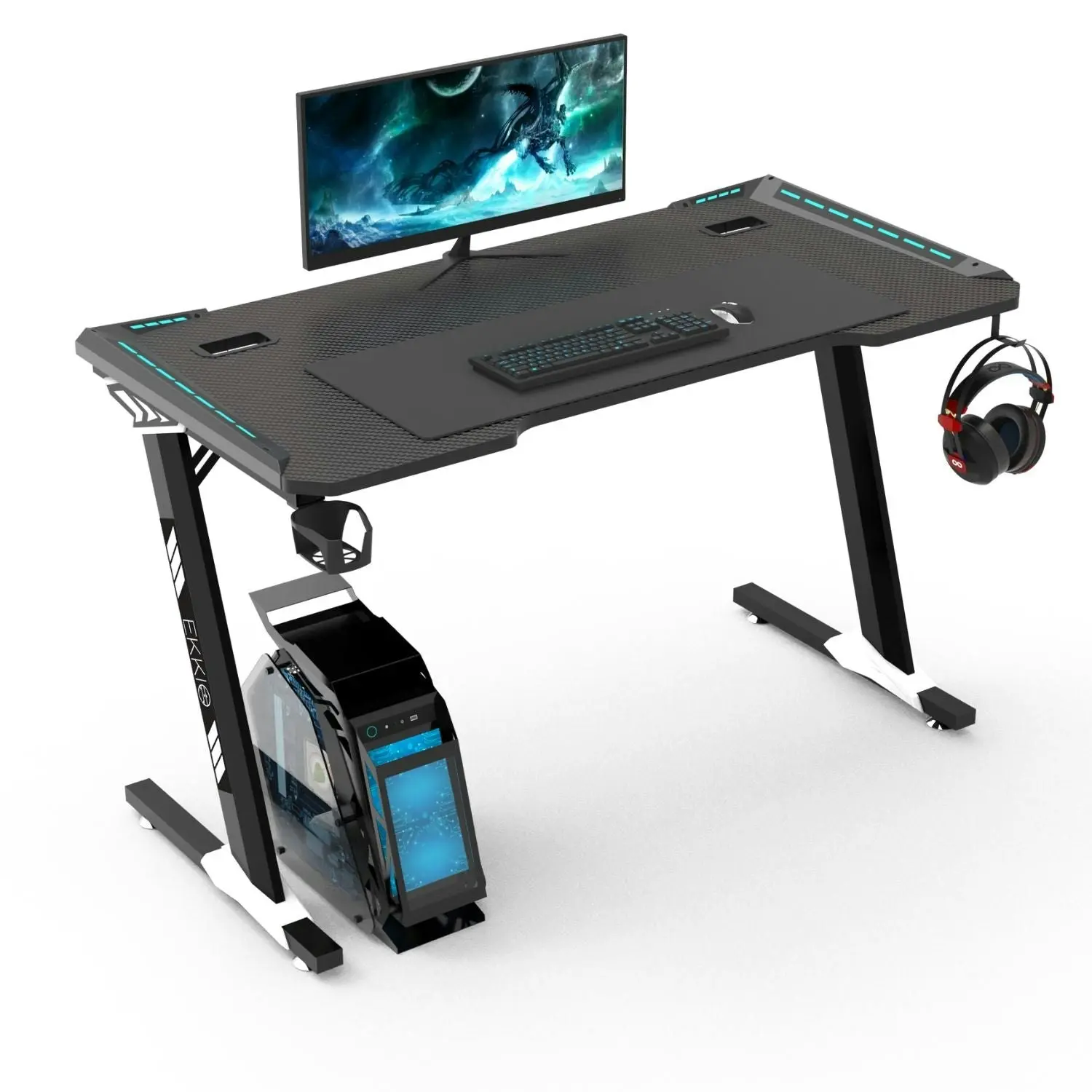 Ekkio 120cm Office Home Z Shape RGB Gaming Table Computer Desk - Black