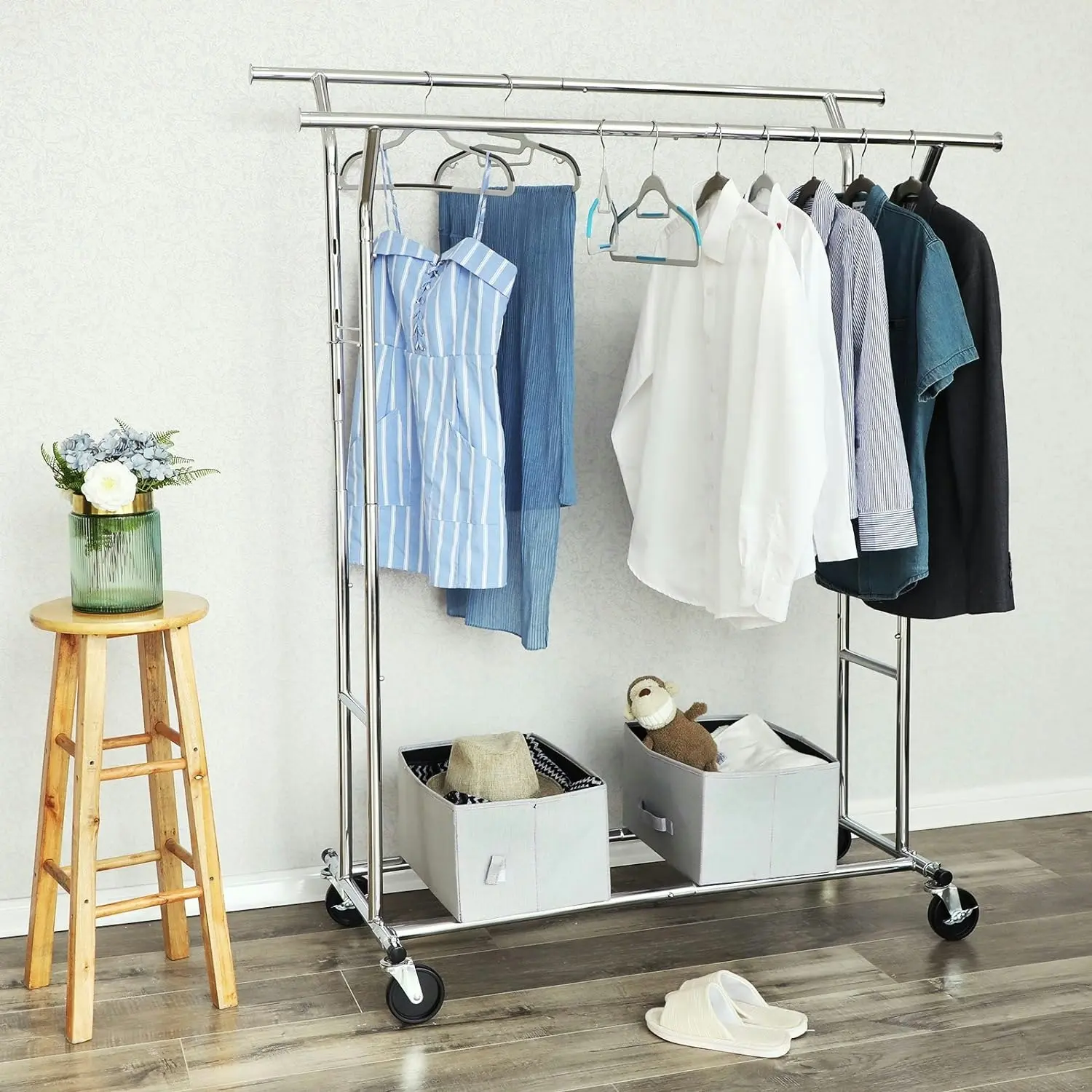 SONGMICS Rail Coat Stand Adjustable Hanger Metal Clothes Rack - Silver