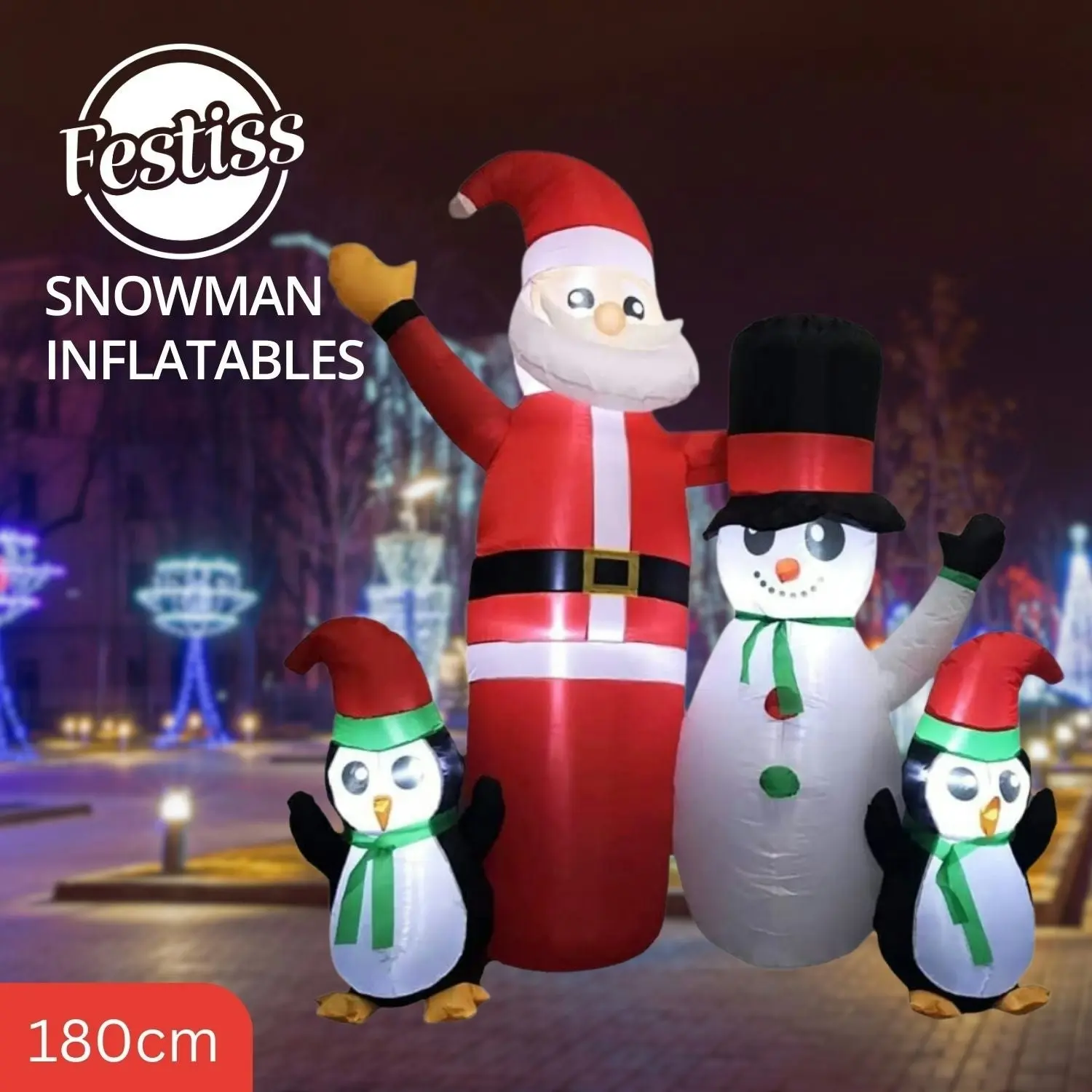 Festiss 1.8m Santa Snowman and Penguin Greeting with LED Christmas Inflatable