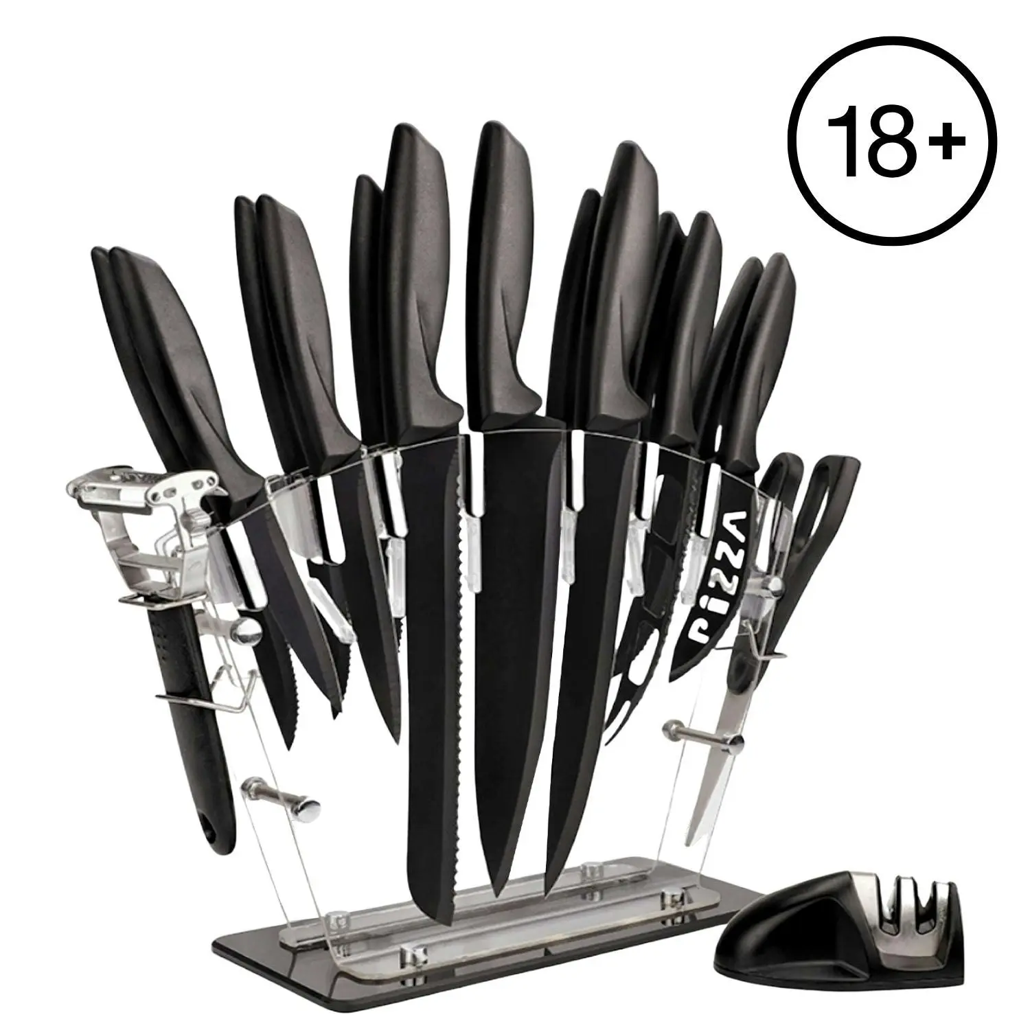 Gominimo 17 Piece Kitchen Knife Set with Acrylic Knife Block (Black and Transparent)