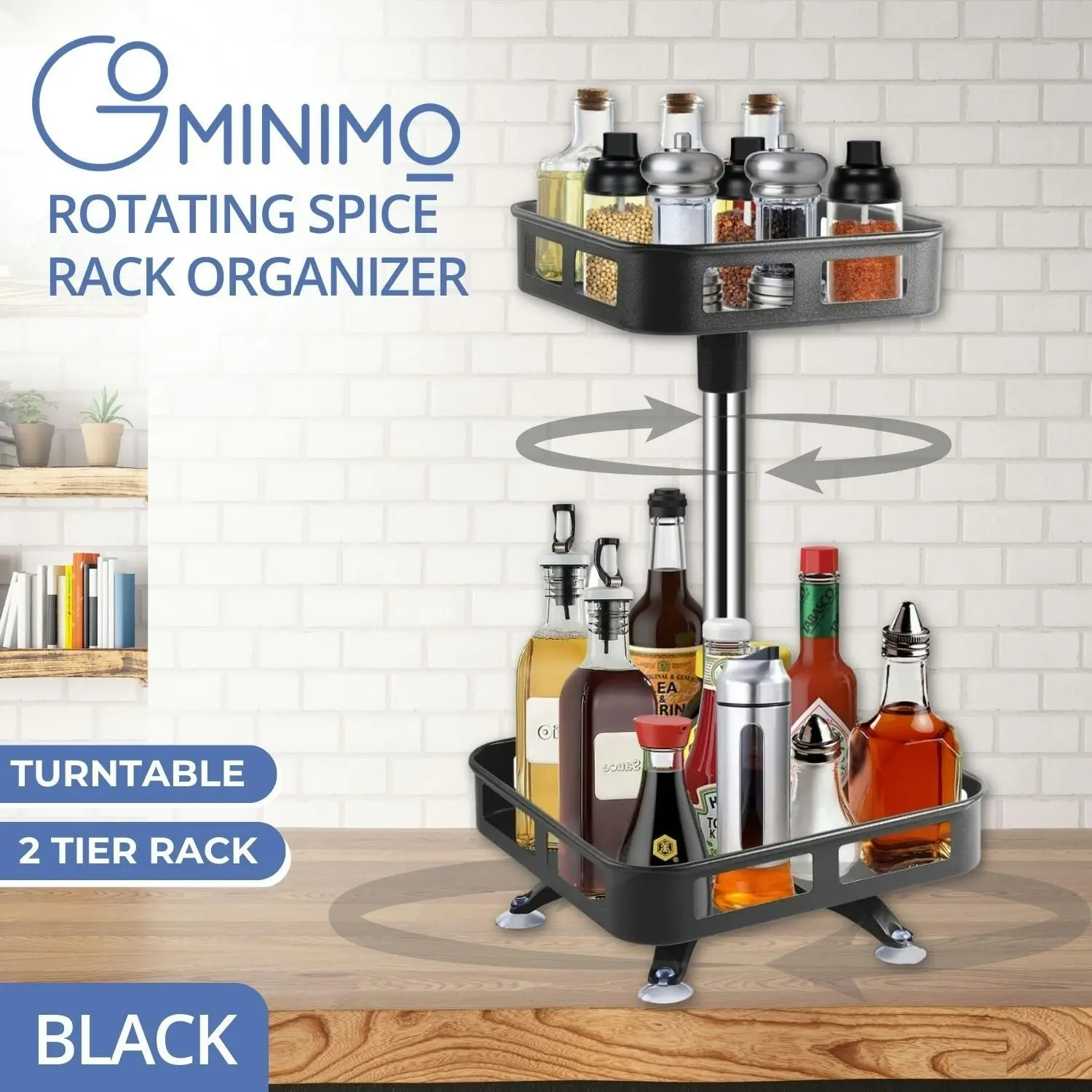 Gominimo 2 Tier Steel Black Square Rotating Multi-Function Kitchen Portable Storage Spice Seasoning Kitchen Countertop Organiser Shelf