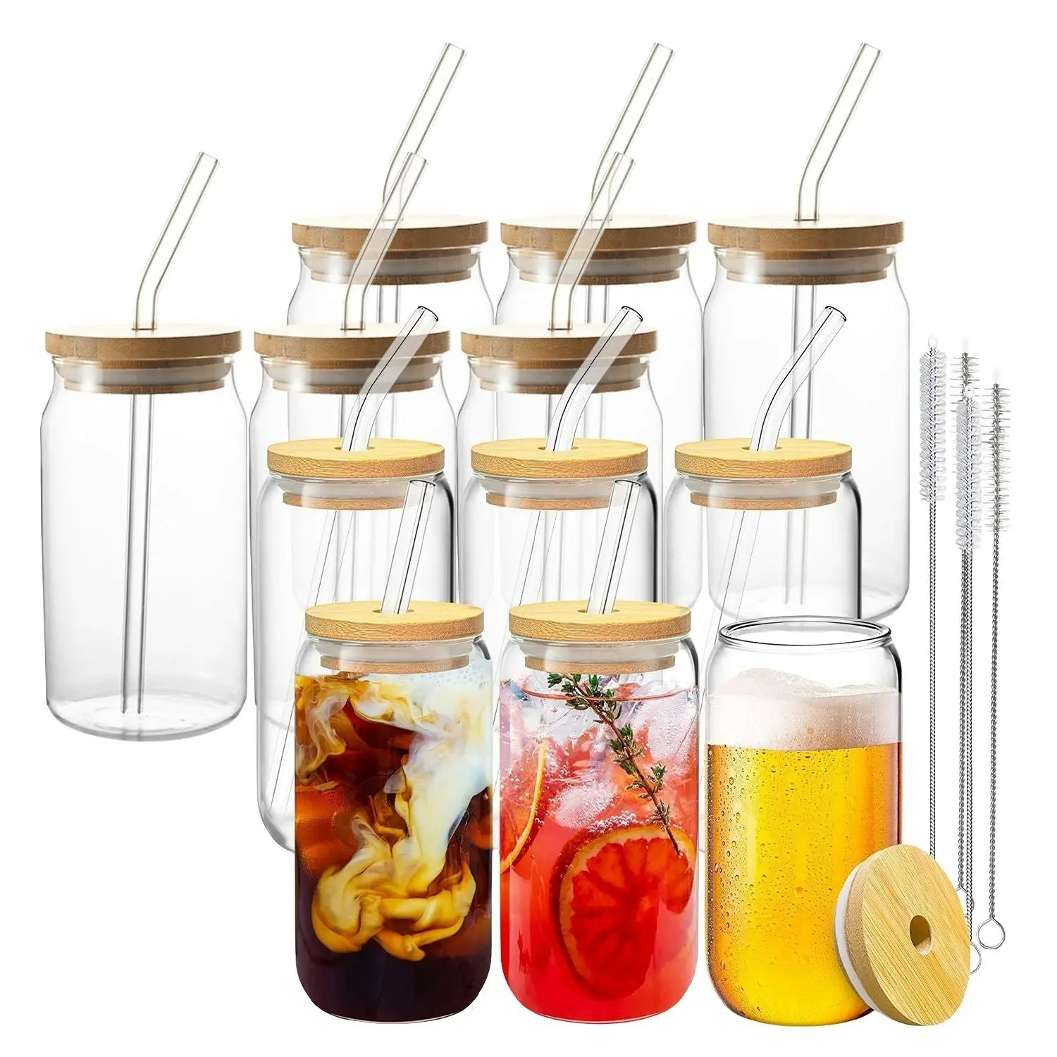 Gominimo 16Oz Reusable Clear Drinking Glasses with Bamboo Lids and Glass Straw 12 Pack