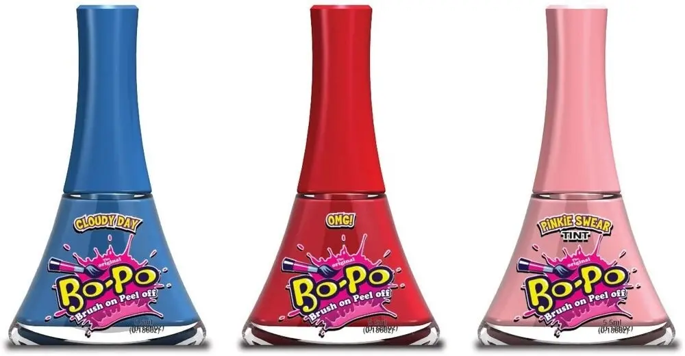 Bo-Po Brush-On-Peel-Off, Non-Toxic Nail Polish, Red, Blue and Pink, 3 Pack