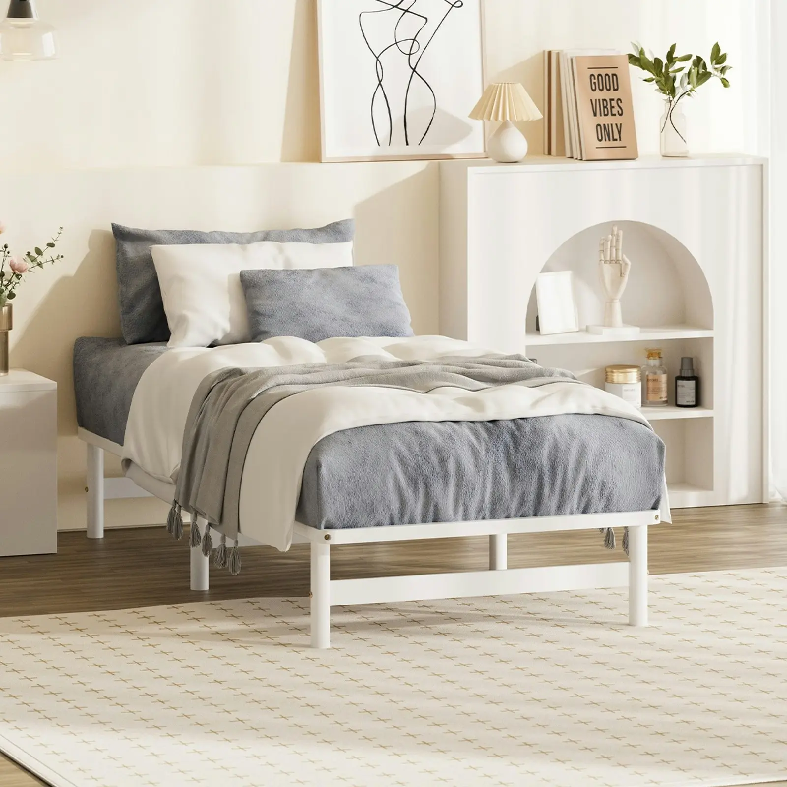 Oikiture Wooden Bed Frame Pine Timber White（Single)