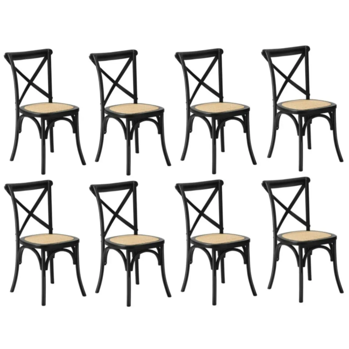 Oikiture 8PCS Crossback Dining Chair Solid Birch Timber Wood Ratan Seat Black