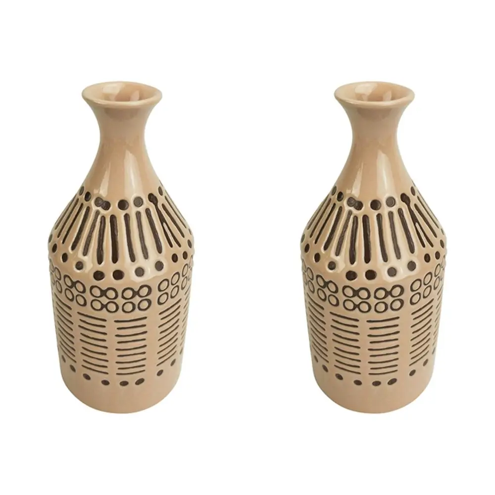 2x Urban Thea Tribal 19cm Ceramic Plant/Flower Vase Home Display Pot Beige/Mocha