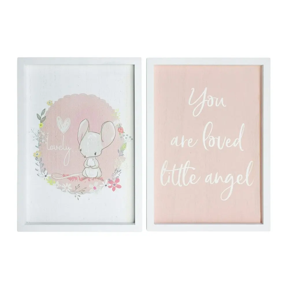 2pc MDF 28cm Little Angel Sign Kids Bedroom Decorative Plaque Set Pink/White