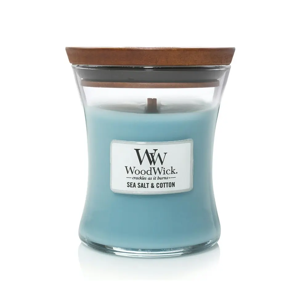 WoodWick 274g Scented Fragrance Soy Wax Candle Sea Salt & Cotton Medium Blue