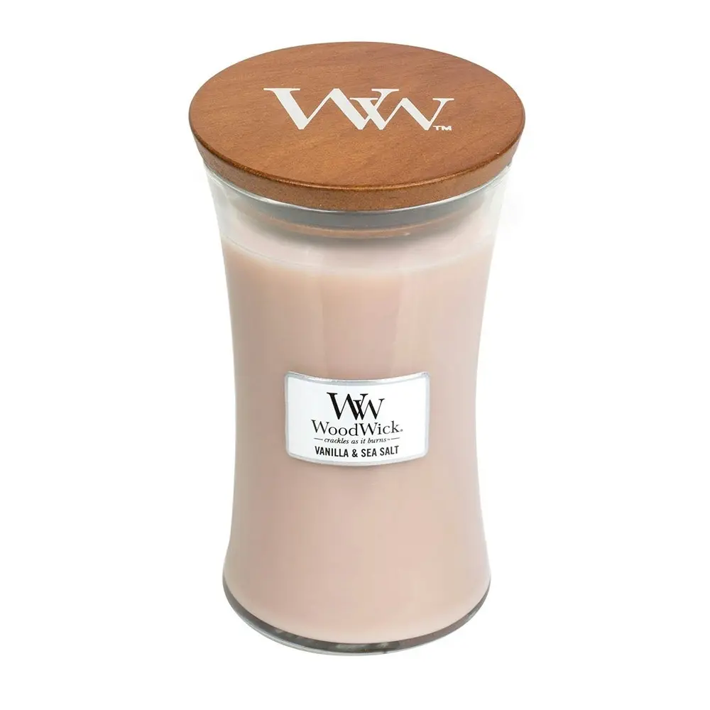 WoodWick Vanilla & Sea Salt Scented Crafted Candle Glass Jar Wax w/ Lid Large