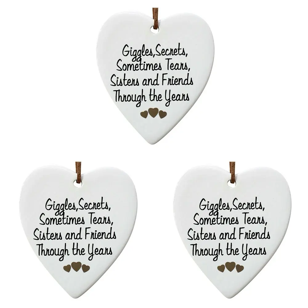 3x Ceramic Hanging 8x9cm Heart Sisters w/ Hanger Ornament Home/Office Room Decor