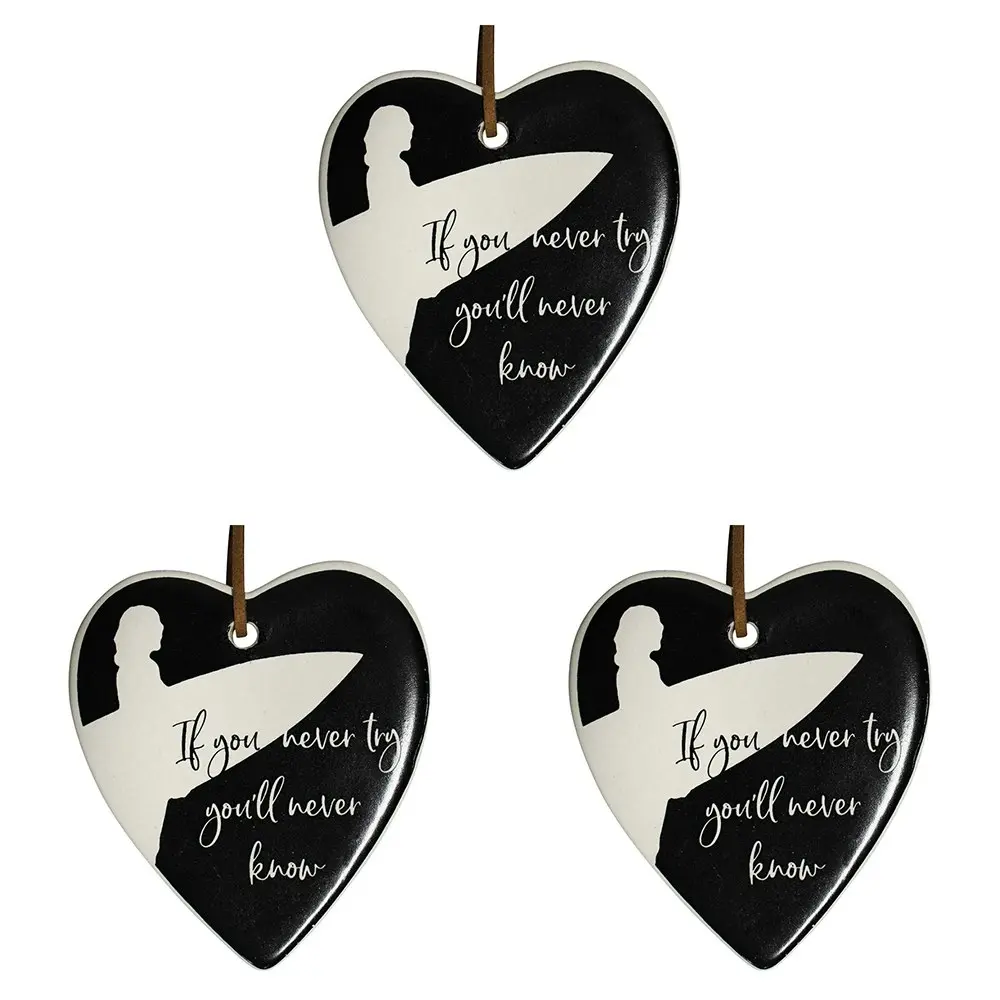 3x Ceramic Hanging 8x9cm Heart Try Surfing w/Hanger Ornament Home Room Decor