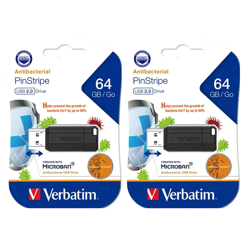 2PK Verbatim Pinstripe Antimicrobial USB 2 Drive Stick 64GB Blk Microban PC/MAC