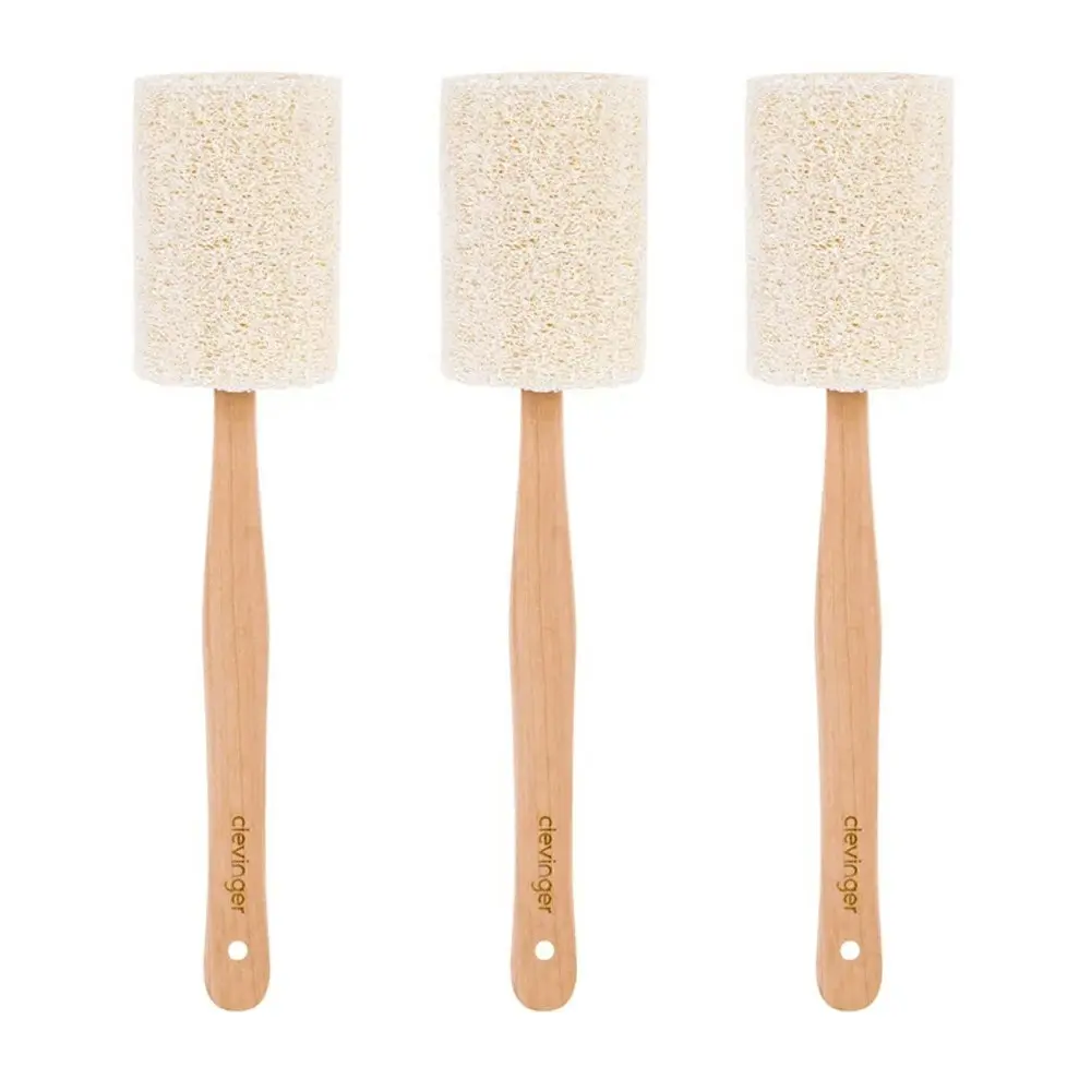 3x Clevinger Eco Loofah Shower Back/Body Scrubber With Wood Handle 6.5x36cm