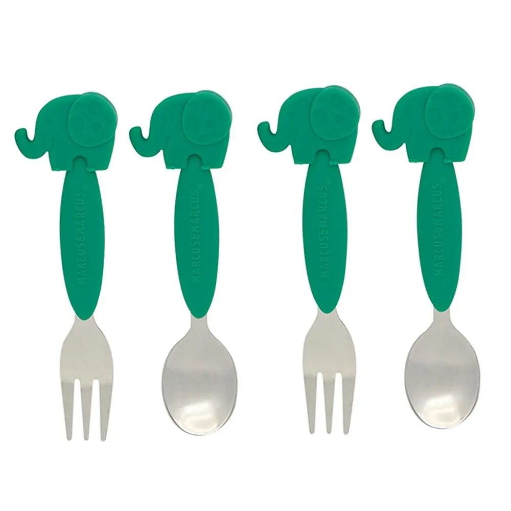 2x 2pc Marcus & Marcus BPA Free Spoon & Fork Cutlery Set Baby 3m+ Green Elephant