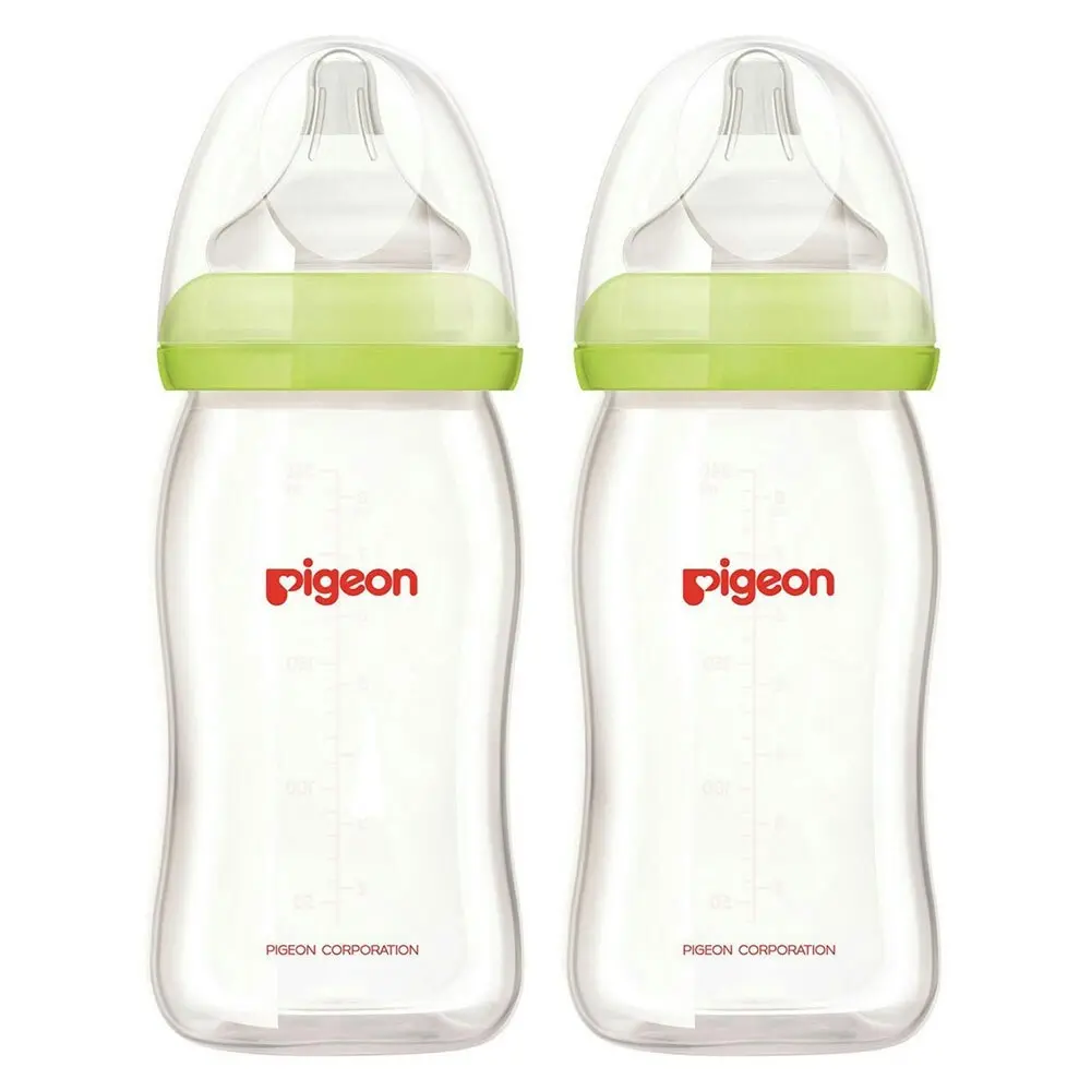 2x PIGEON Softouch Glass Peristaltic Plus Feeding Bottle 160ml SS Teat Baby 0m+