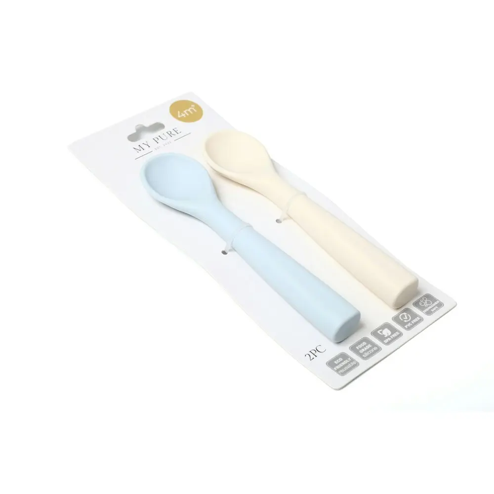 My Pure Silicone Baby/Toddler Feeding Spoon Set - Baby Blue and Pannacotta 4M+