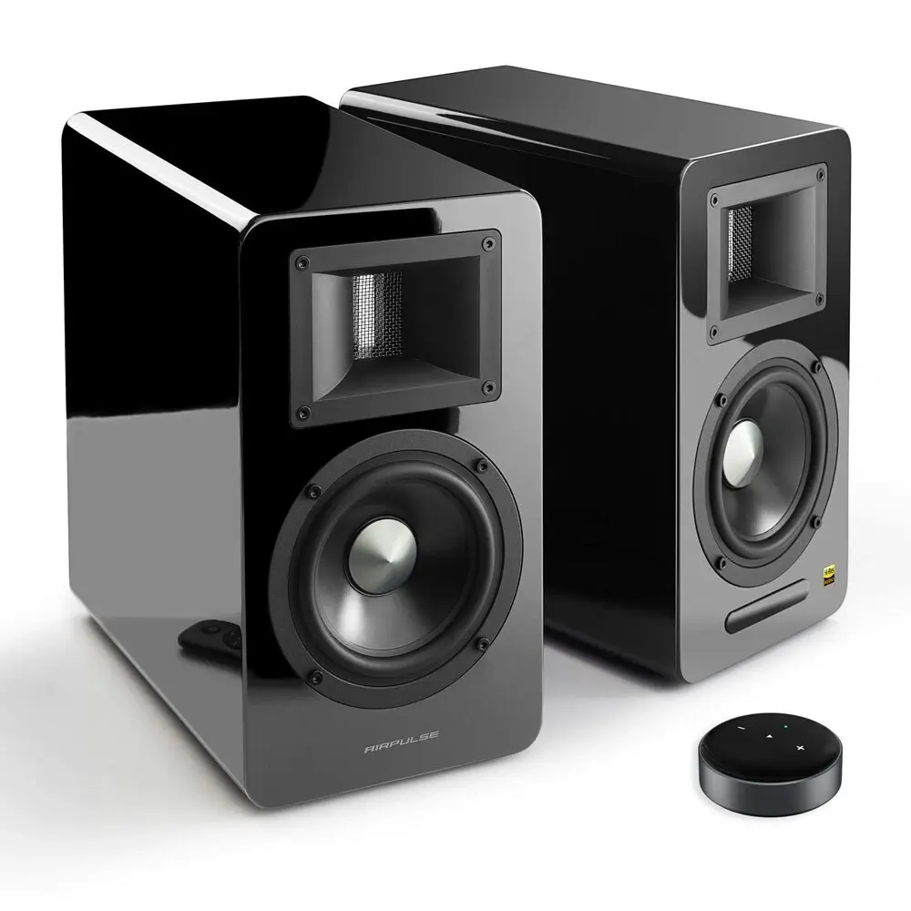 Airpulse A100 Active Wireless Bookshelf Speakers and WiiM Mini Streamer Black