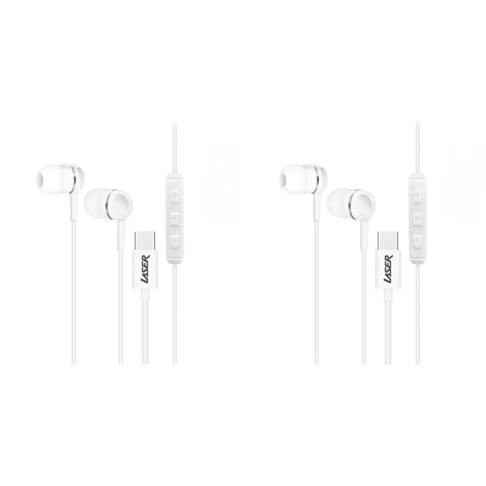 2x Laser USB-C Silicone Tip Earphones 1.2m w/Microphone For iPhone/Samsung White