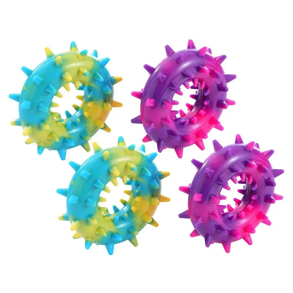 4x Paws & Claws Spikey Durable Donut Dog Chew Squeaky Toy Assorted 14x6cm