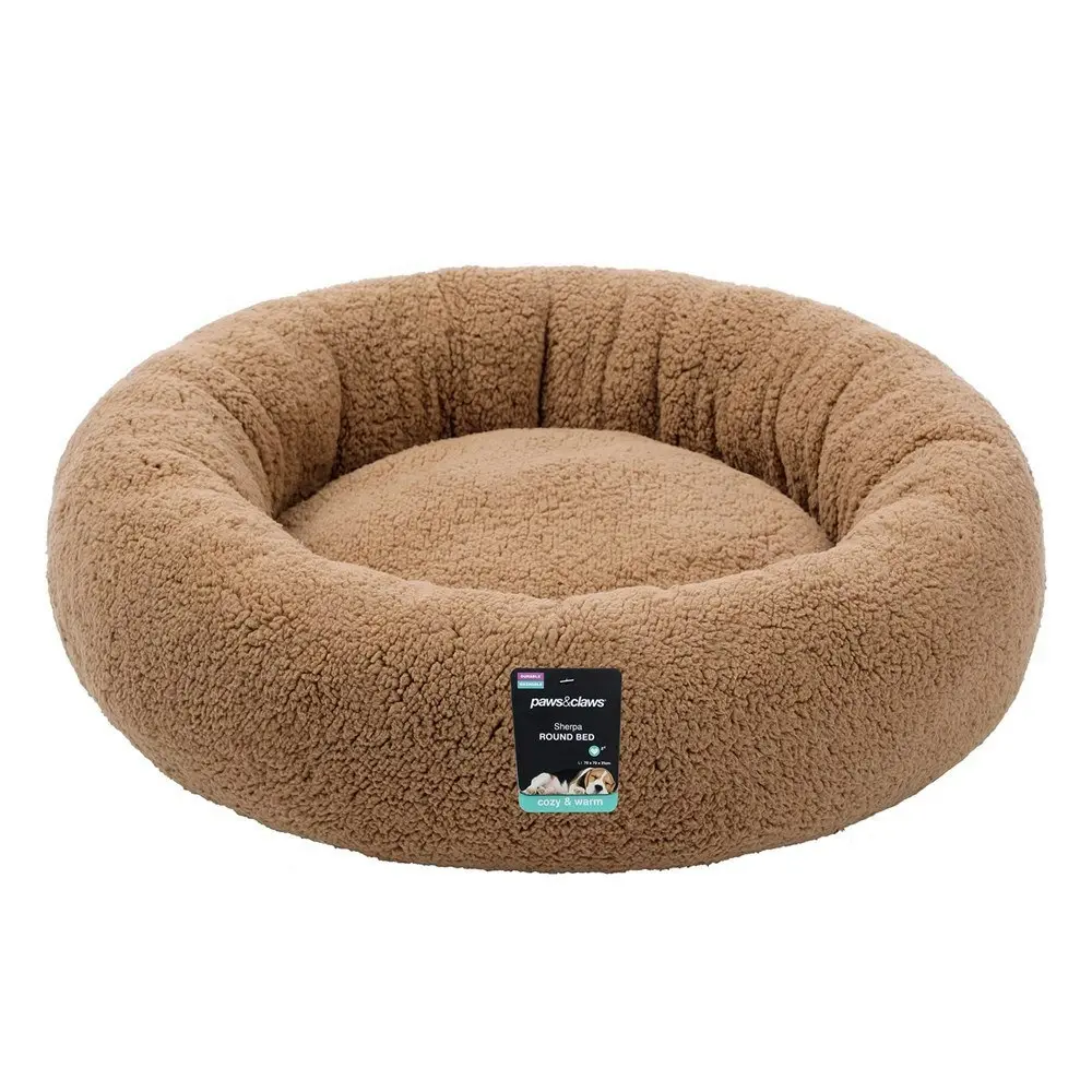 Paws & Claws Sherpa 70cm Round Pet Dog Bed Comfort/Sleeping Cushion Large Camel