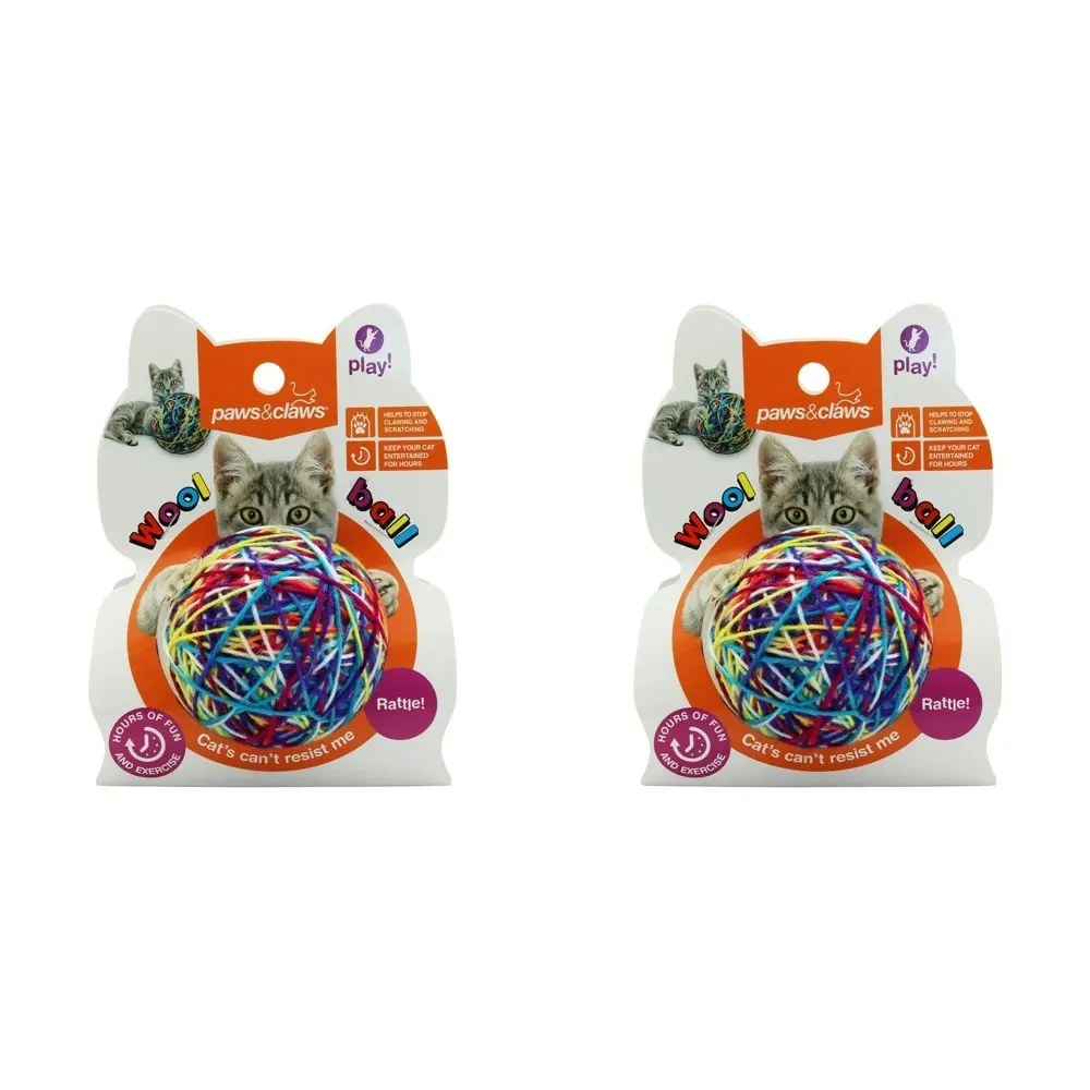 2x Paws And Claws 9cm Cat/Kitten/Pet Play/Exercise Toy Wool Ball/Yarn w/ Rattle