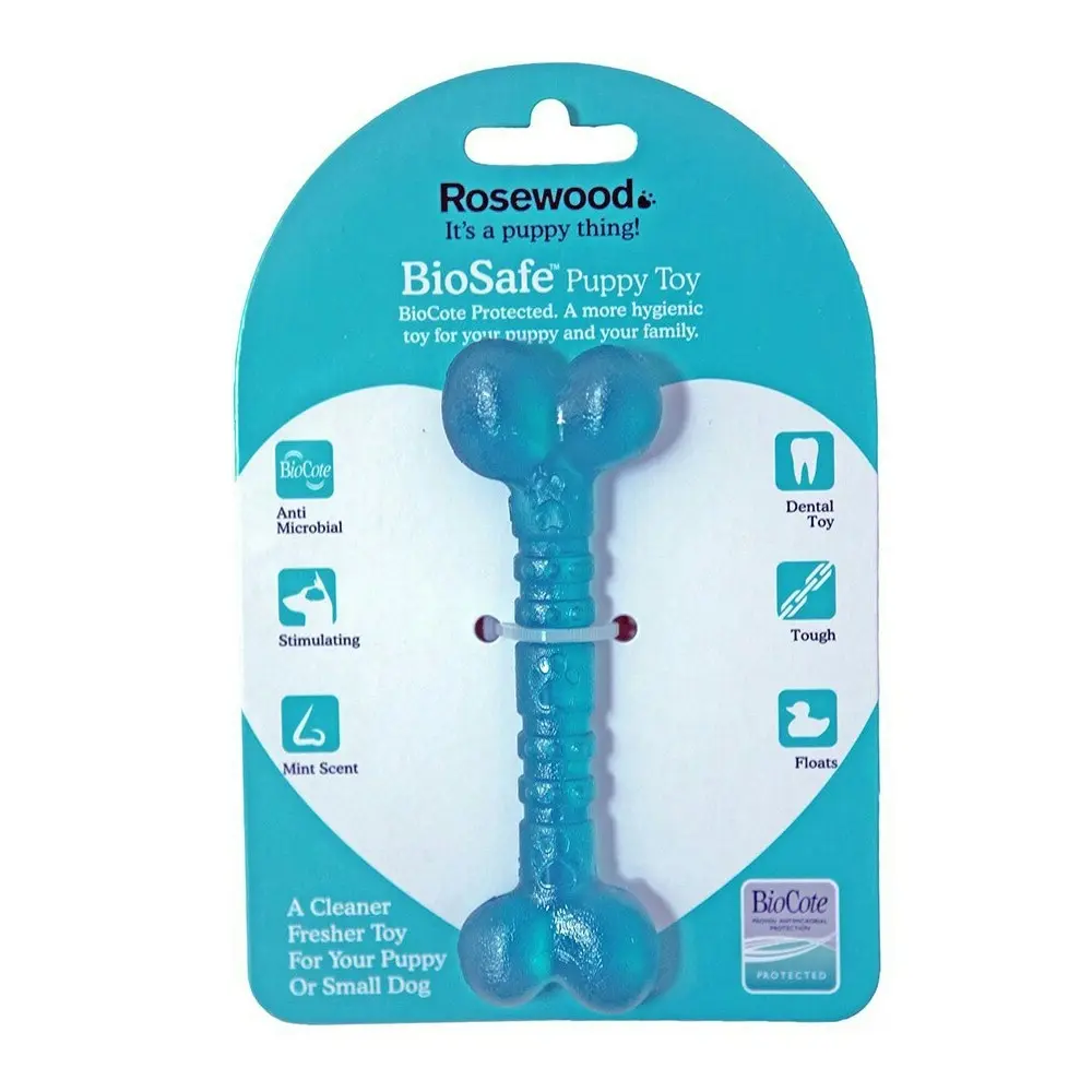 Rosewood BioSafe Puppy Antimicrobial Bone Pet Dog Chew Dental Fetch Fun Toy Blue