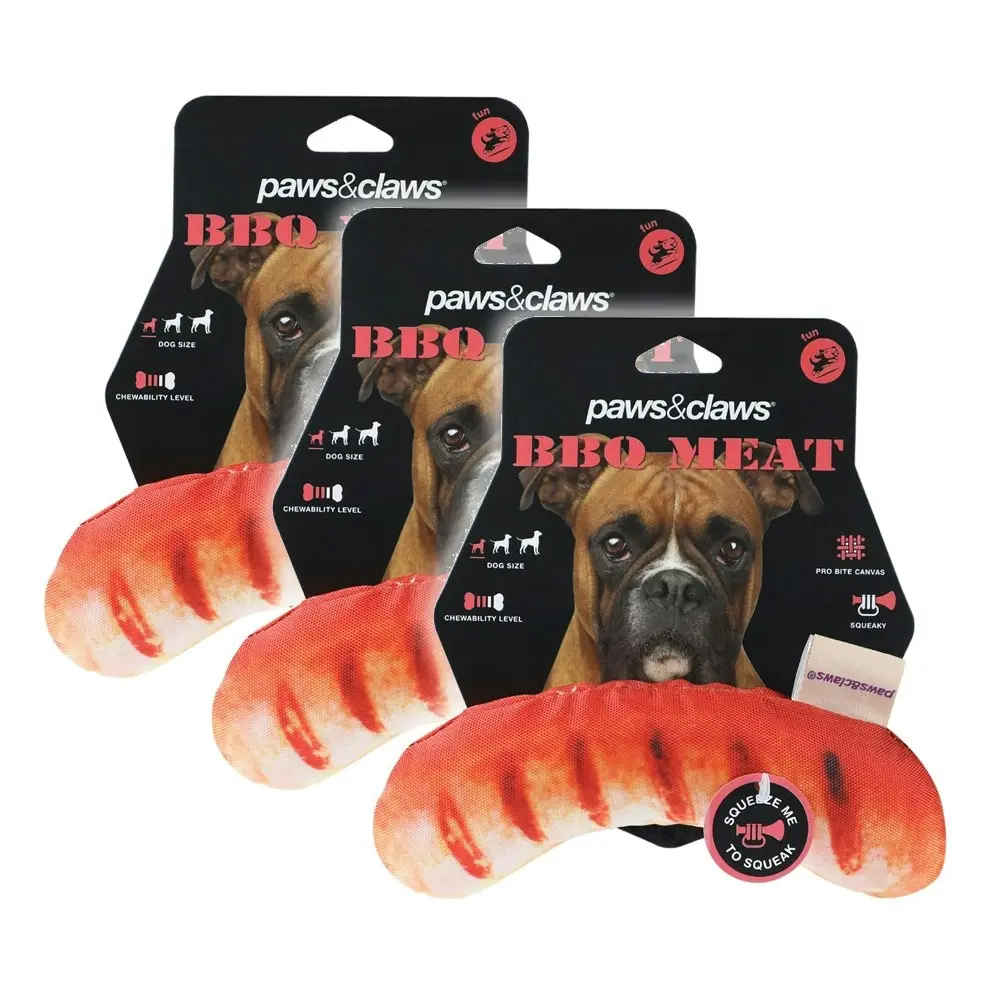 3x Paws & Claws Feed Me BBQ Sausage Oxford Pet/Dog Play Toy w/ Squeaker 20x5cm