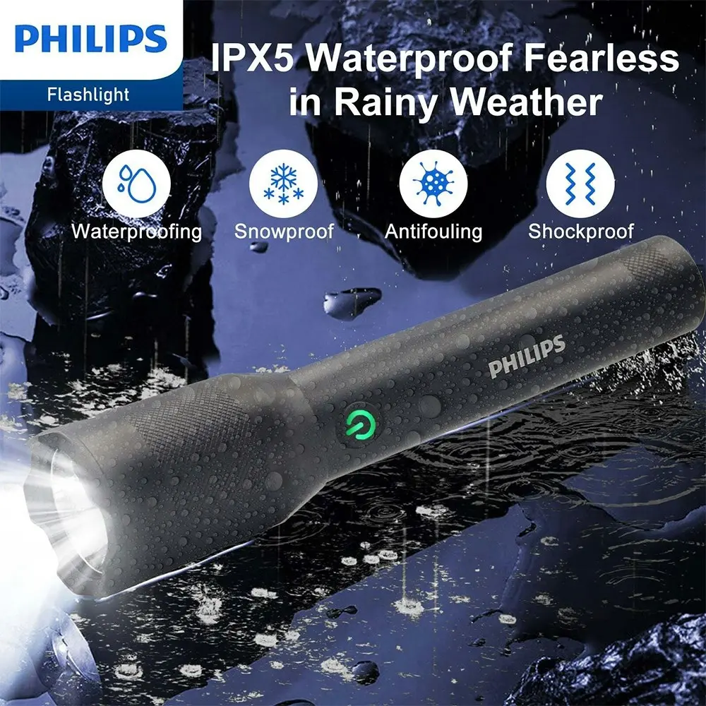 Philips Rechargeable LED Flashlight Handheld Camping 1200LM Torch Light Black