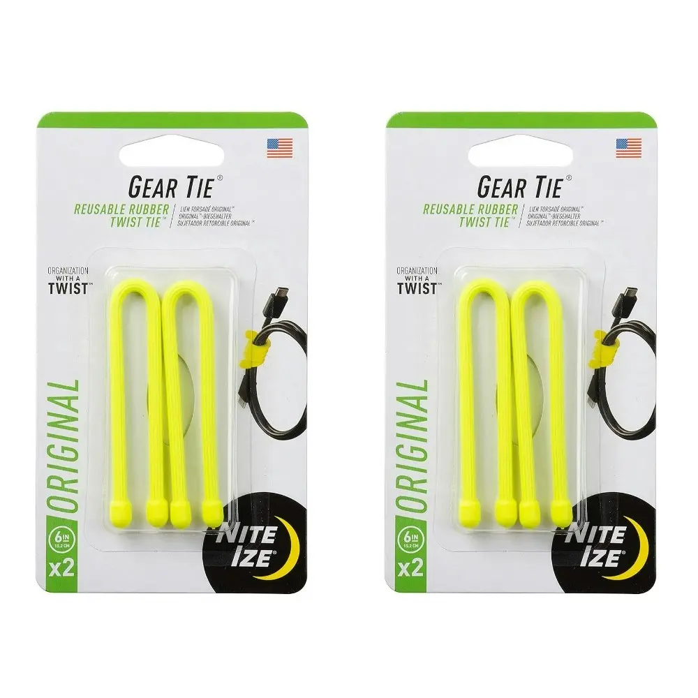 8pc Nite Ize 6in Rubber Gear Tie Reusable Wire Twist Cable Organiser Pack Yellow